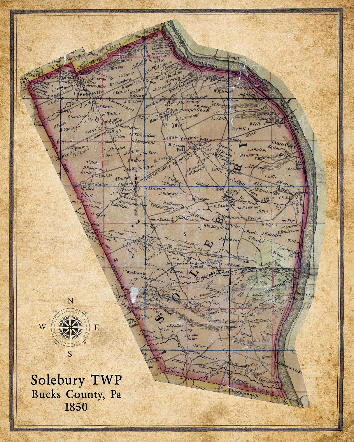 1850 Map of Solebury Township Bucks County Pennsylvania