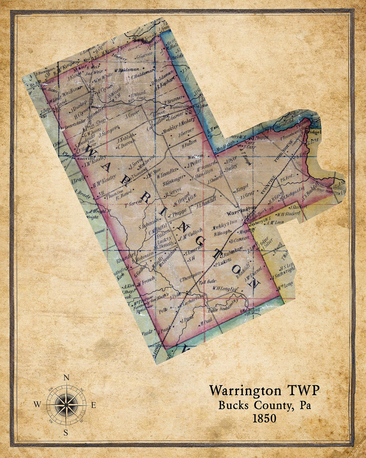 1850 Map of Warrington Township Bucks County Pennsylvania