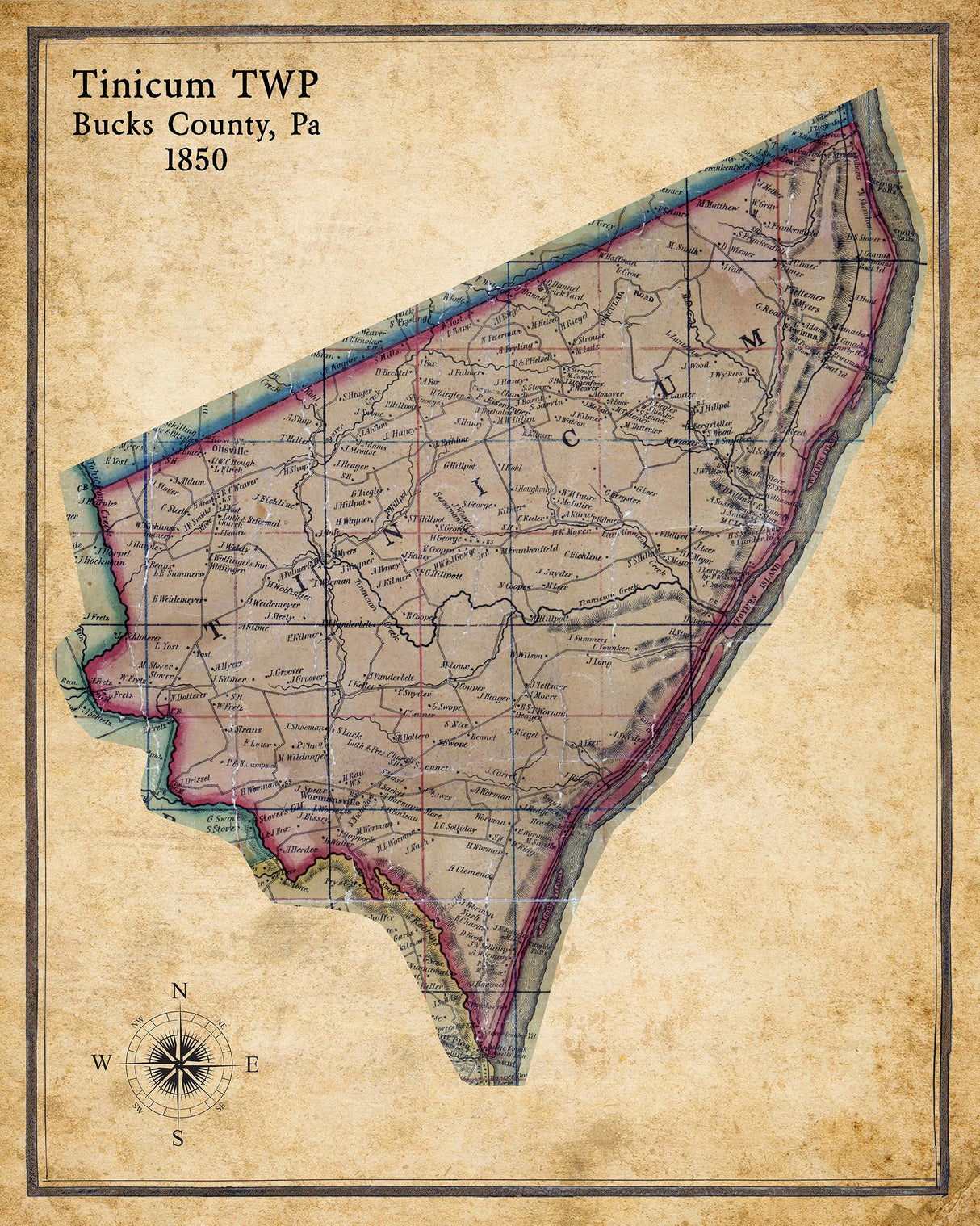 1850 Map of Tinicum Township Bucks County Pennsylvania