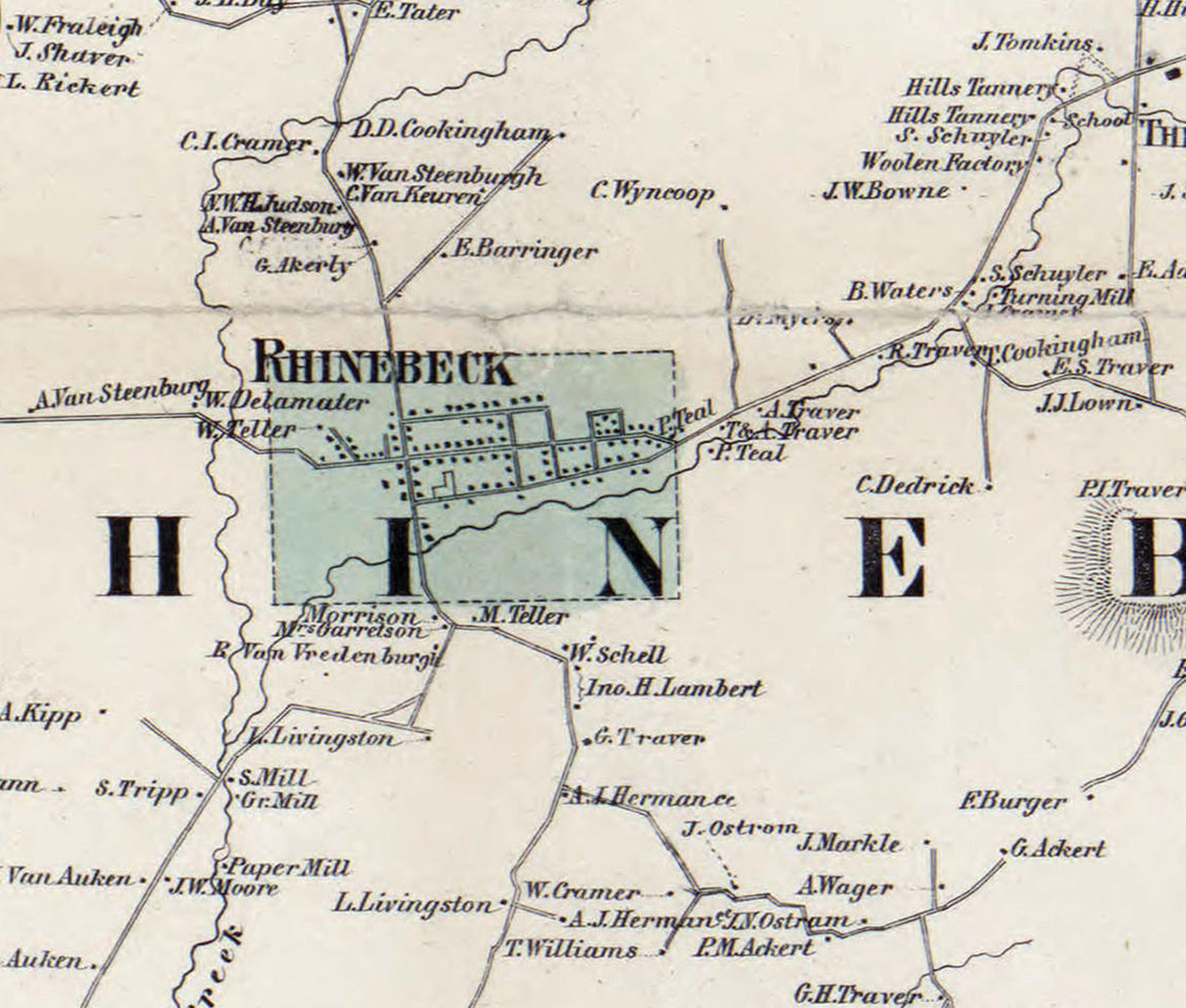 1858 Map of Rhinebeck Township Dutchess County New York