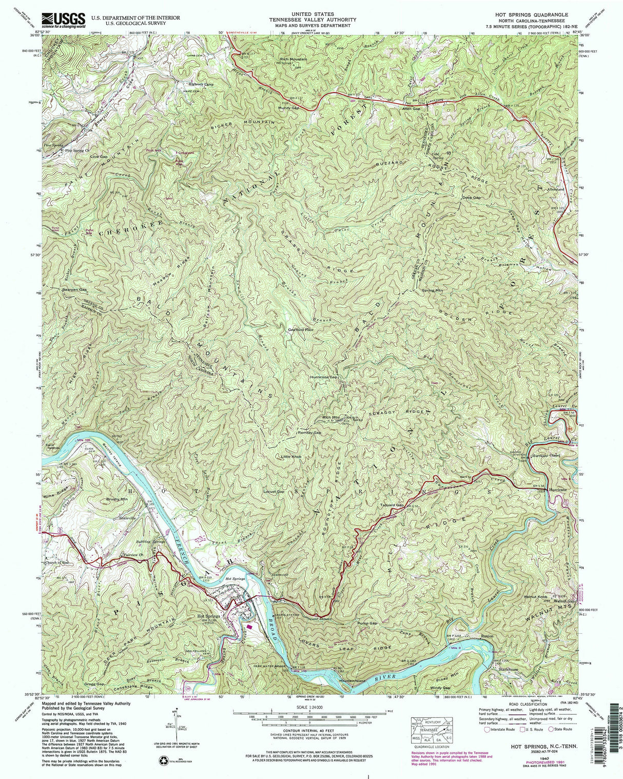 1991 Topo Map of Hot Springs North Carolina