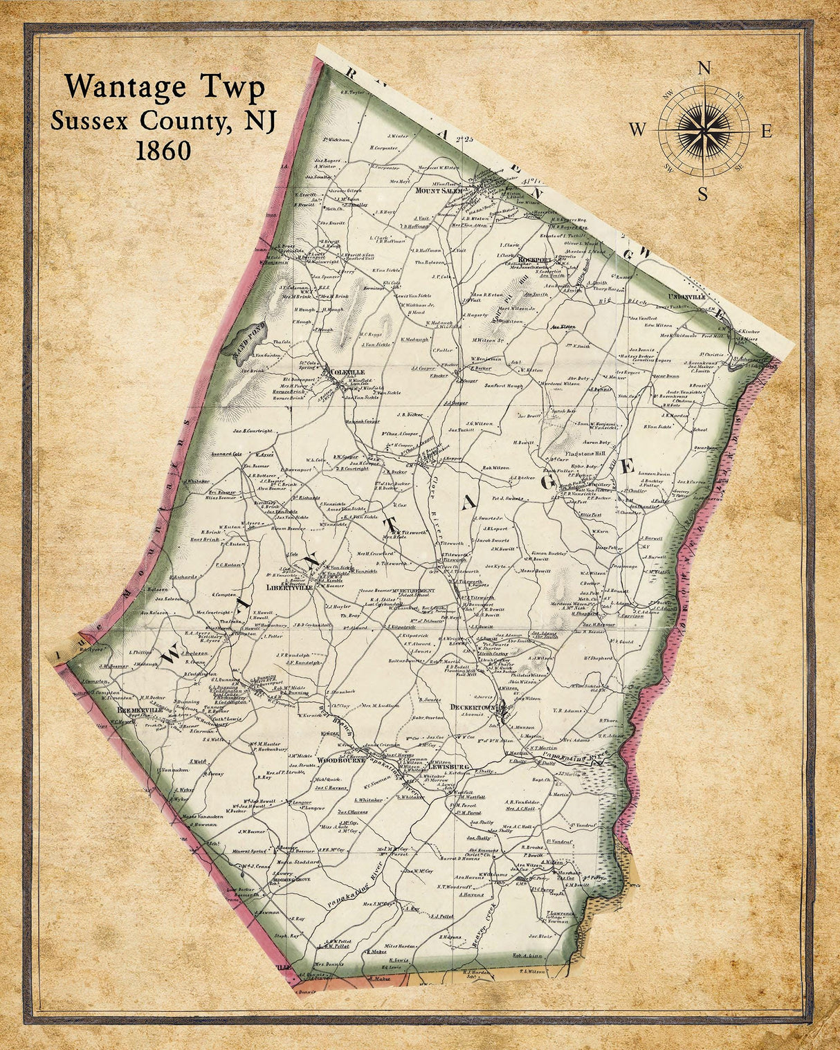 1860 Map of Wantage Township Sussex County New Jersey
