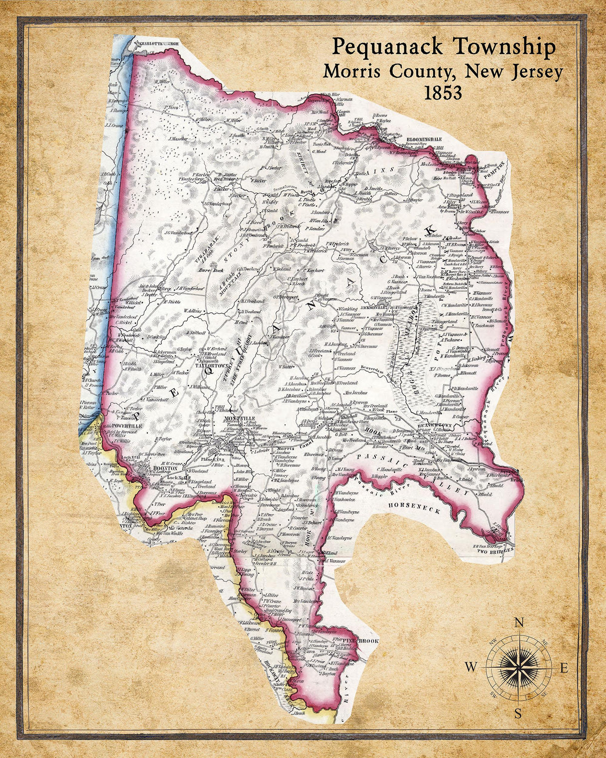 1853 Map of Pequanack Township Morris County New Jersey