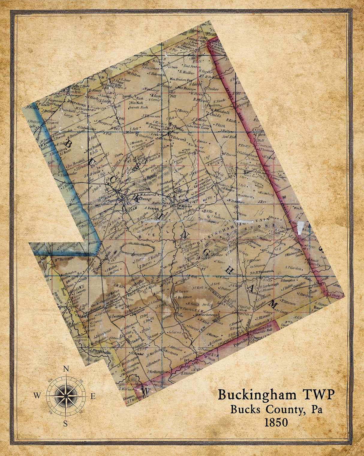 1850 Map of Buckingham Township Bucks County Pennsylvania