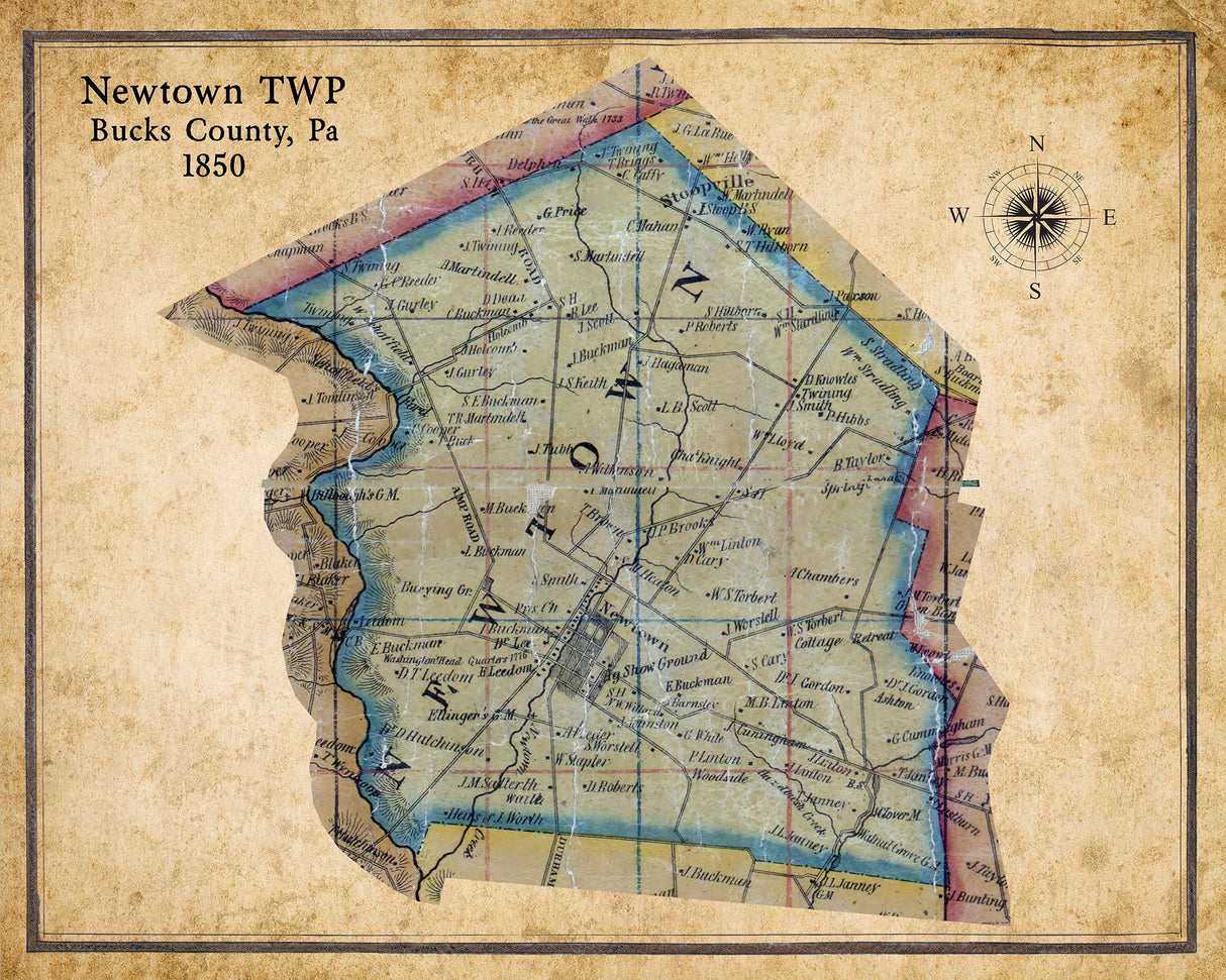 1850 Map of Newtown Township Bucks County Pennsylvania