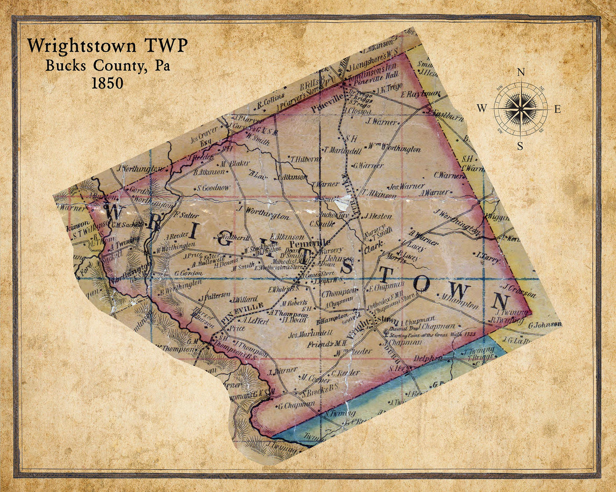 1850 Map of Wrightstown Township Bucks County Pennsylvania