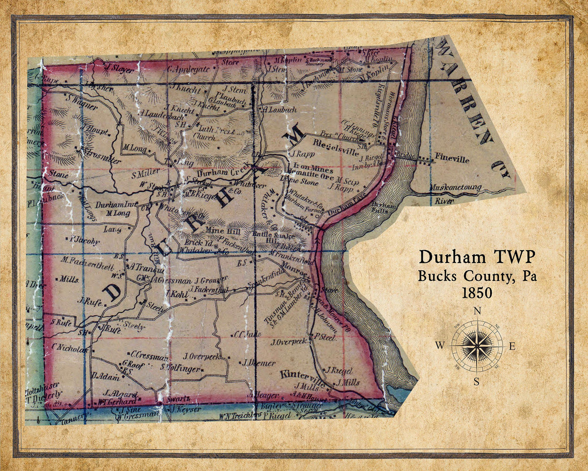 1850 Map of Durham Township Bucks County Pennsylvania