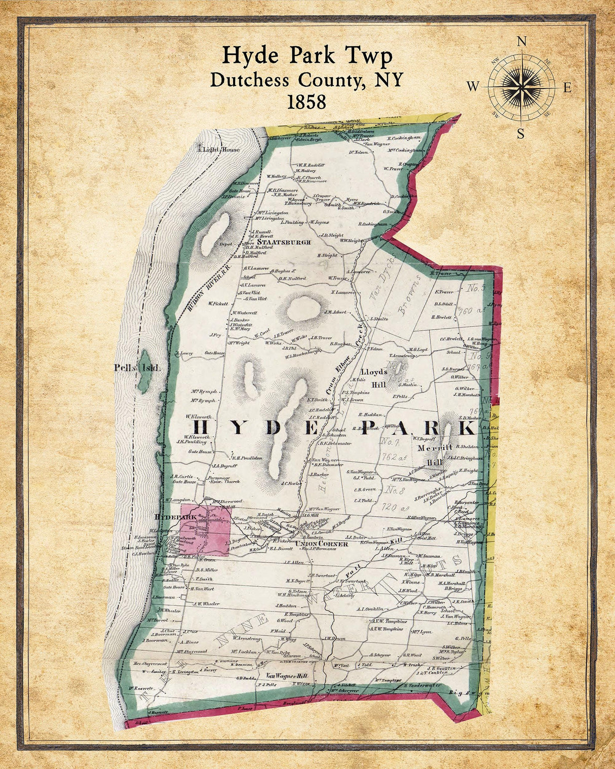 1858 Map of Hyde Park Township Dutchess County New York