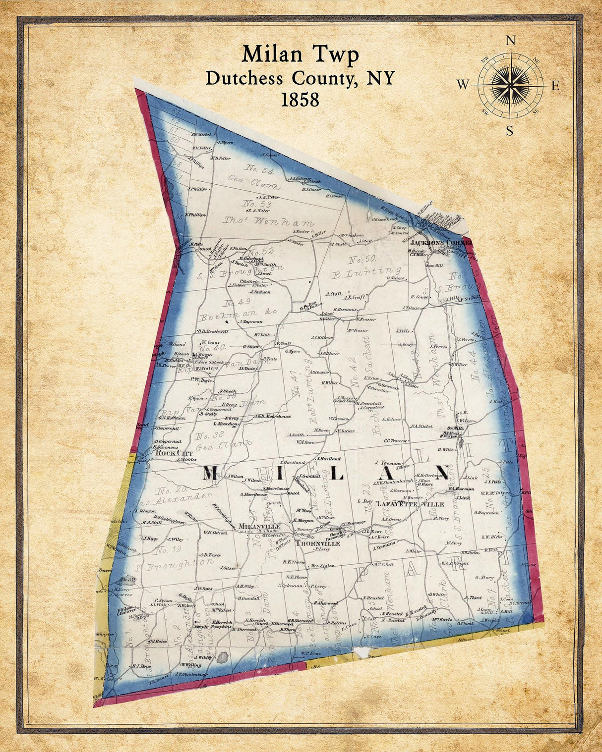 1858 Map of Milan Township Dutchess County New York