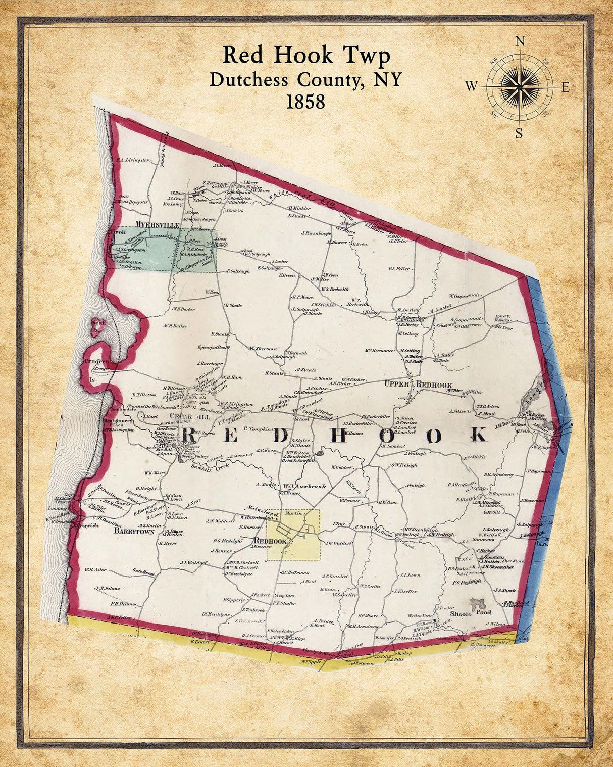 1858 Map of Red Hook Township Dutchess County New York