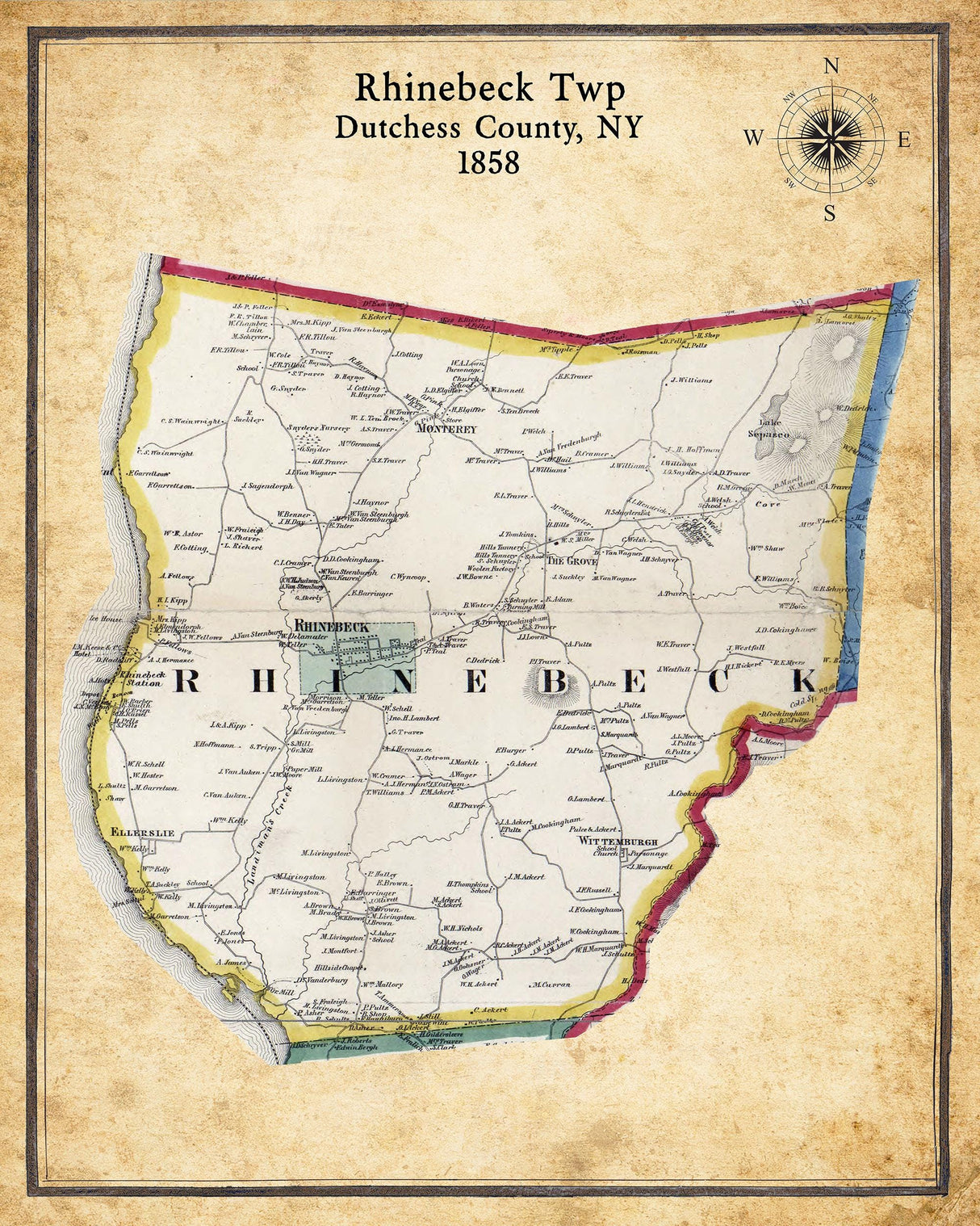 1858 Map of Rhinebeck Township Dutchess County New York
