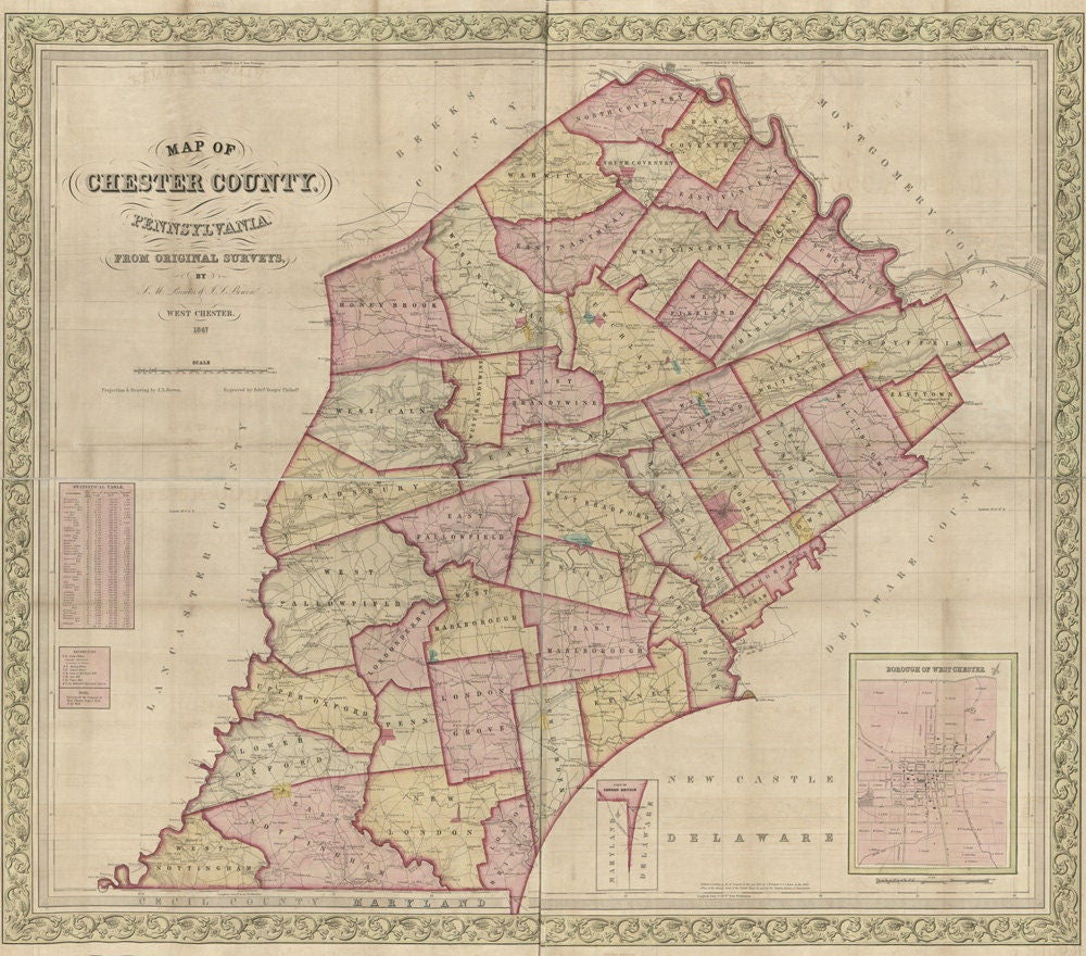1847 Map of Chester County PA from original surveys genealogy