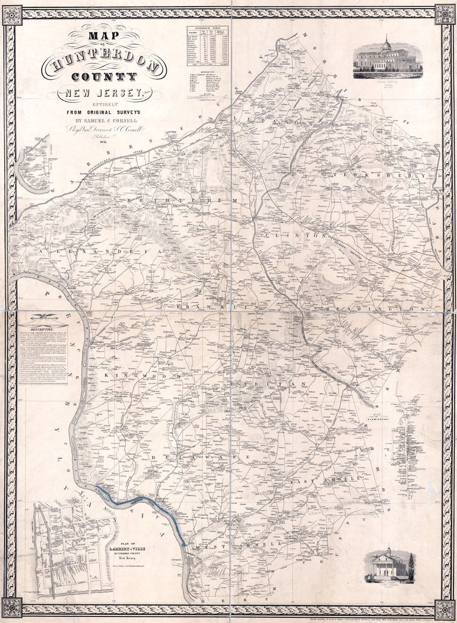 1851 Map of Hunterdon County New Jersey Lambertville