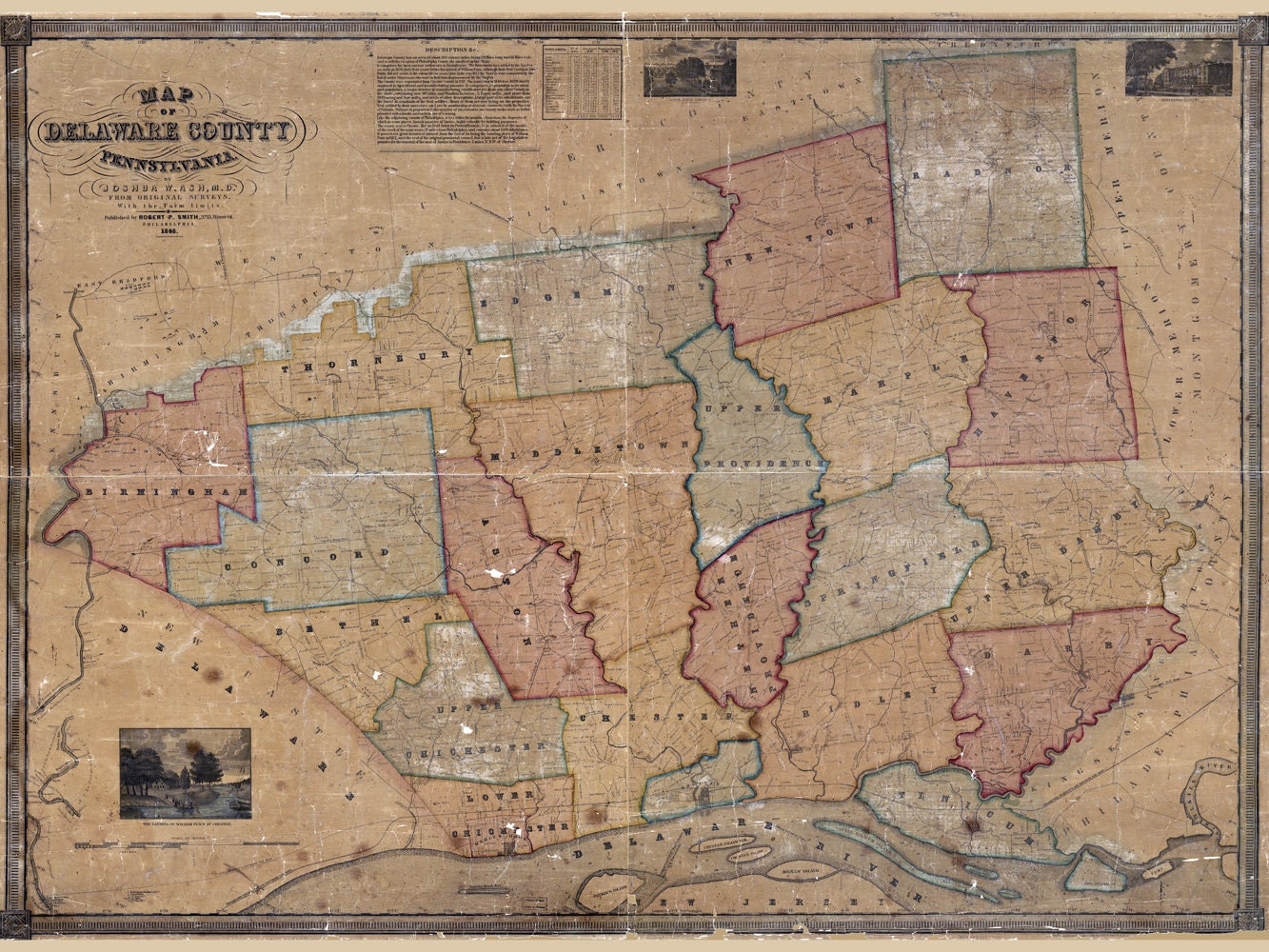 1848 Farm Line Map of Delaware County Pennsylvania from original surveys