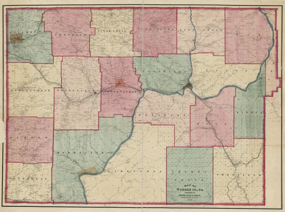1865 Farm Line Map of Warren County PA Oil & Gas Region Youngsville Pittsfield