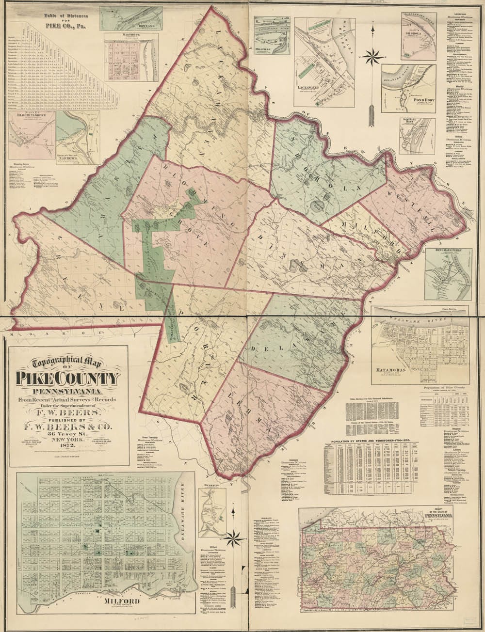 1872 Farm Line Map of Pike County PA from actual surveys Milford Matamoras