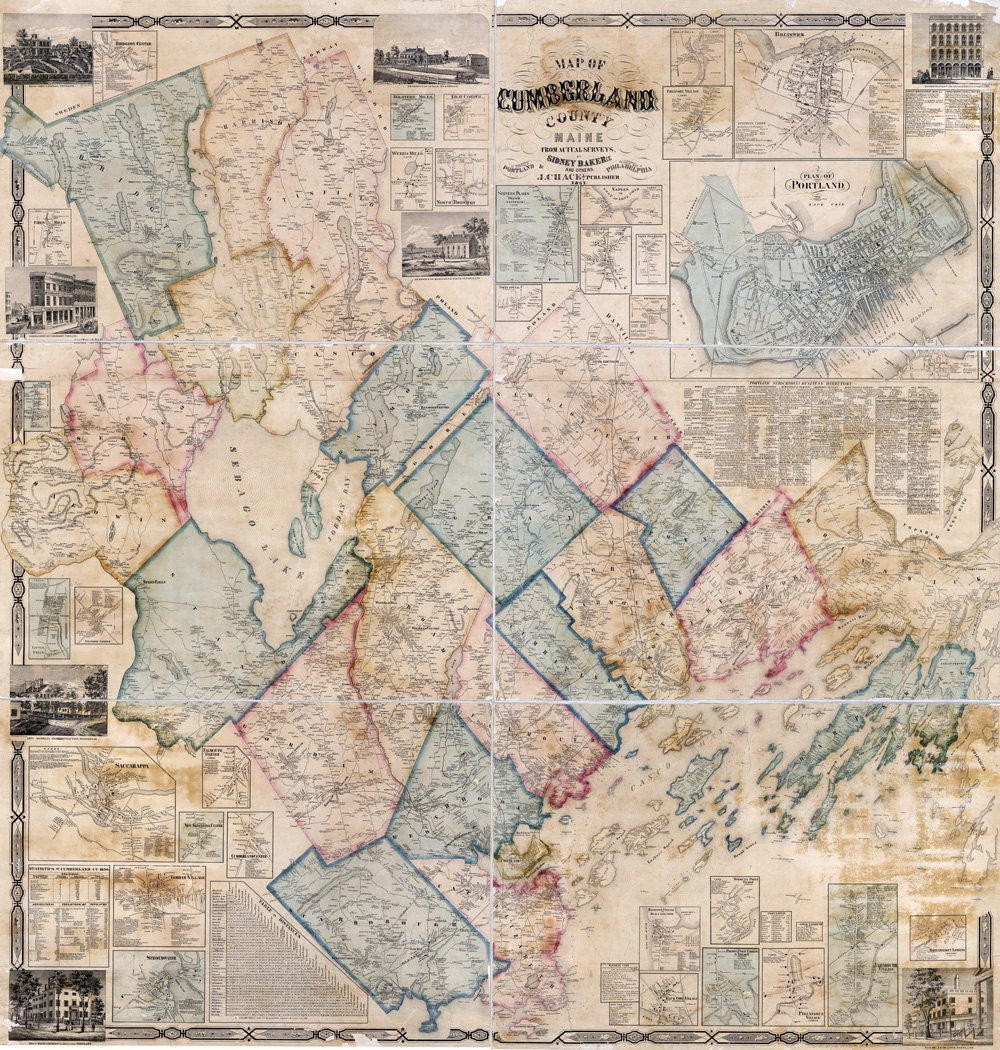 1857 Map of Cumberland County Maine & Portland
