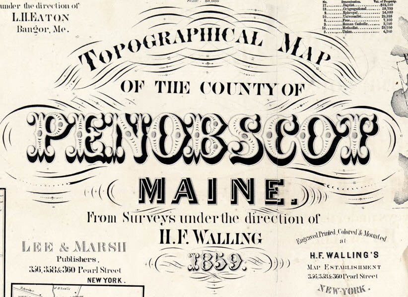 1859 Map of Penobscot County Maine Landowners