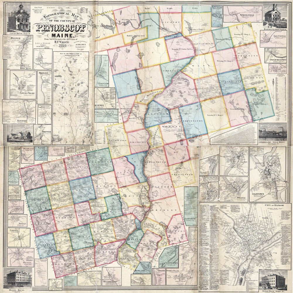 1859 Map of Penobscot County Maine Landowners