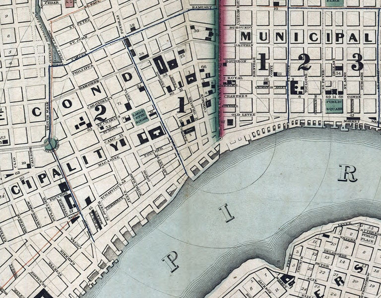 1845 Map of New Orleans Louisiana Buildings Farms