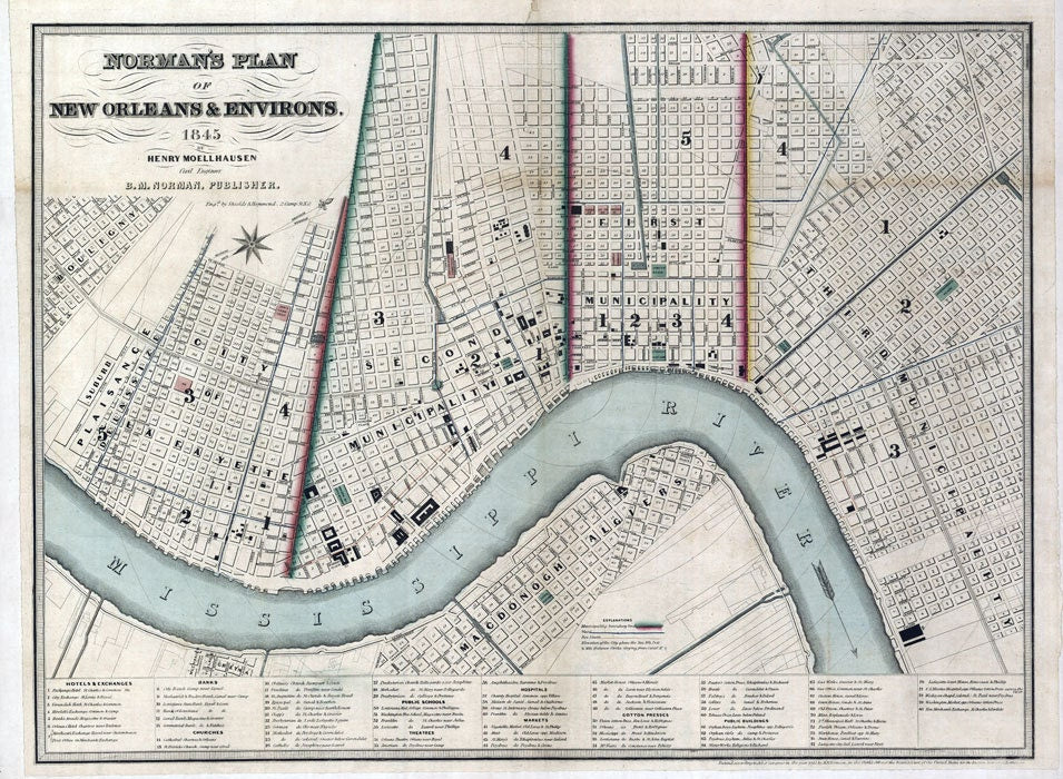 1845 Map of New Orleans Louisiana Buildings Farms