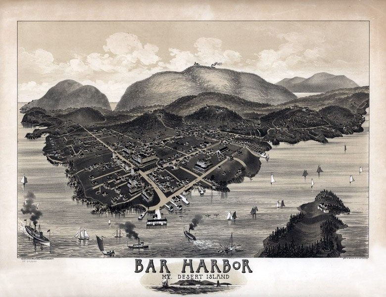 1886 Aerial Map of Bar Harbor Mount Desert Island Maine