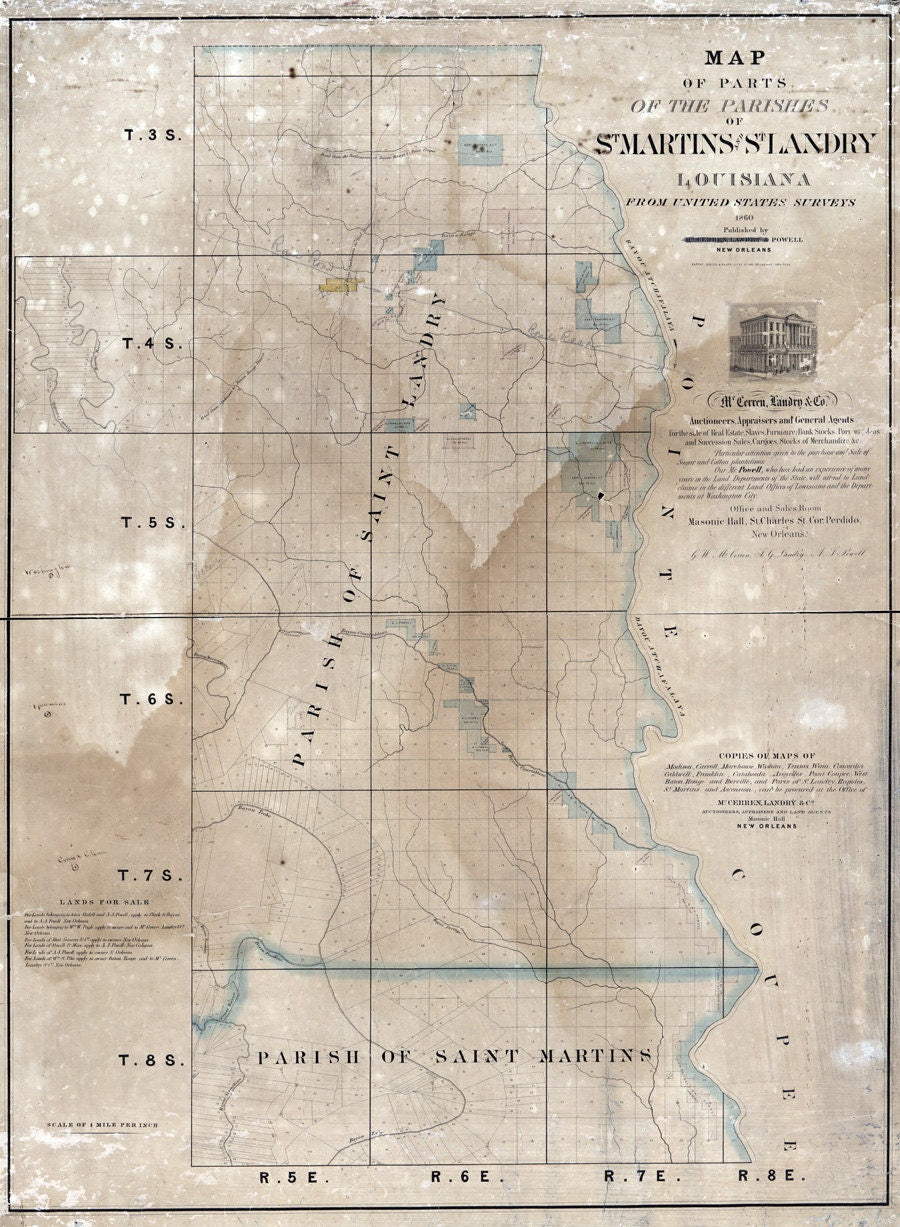1860 Map of Part of St Martins and St Landry County Louisiana
