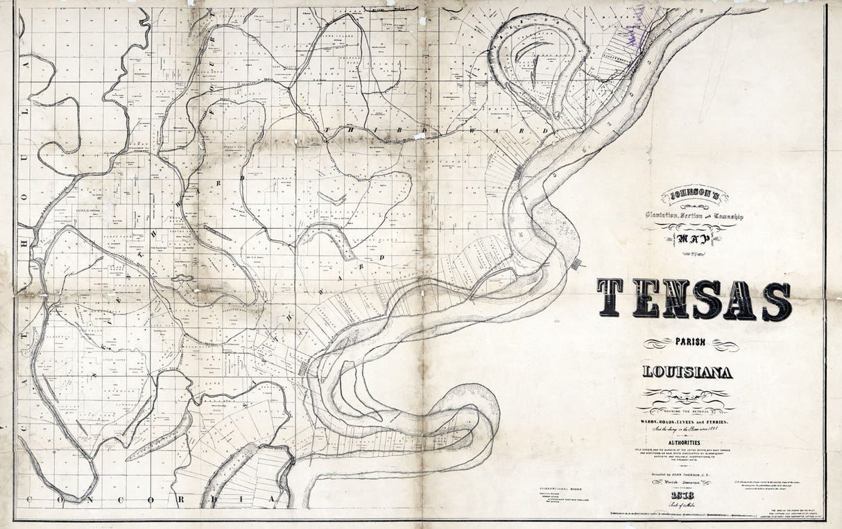 1873 Map of Plantations Tensas Parish (County) Louisiana