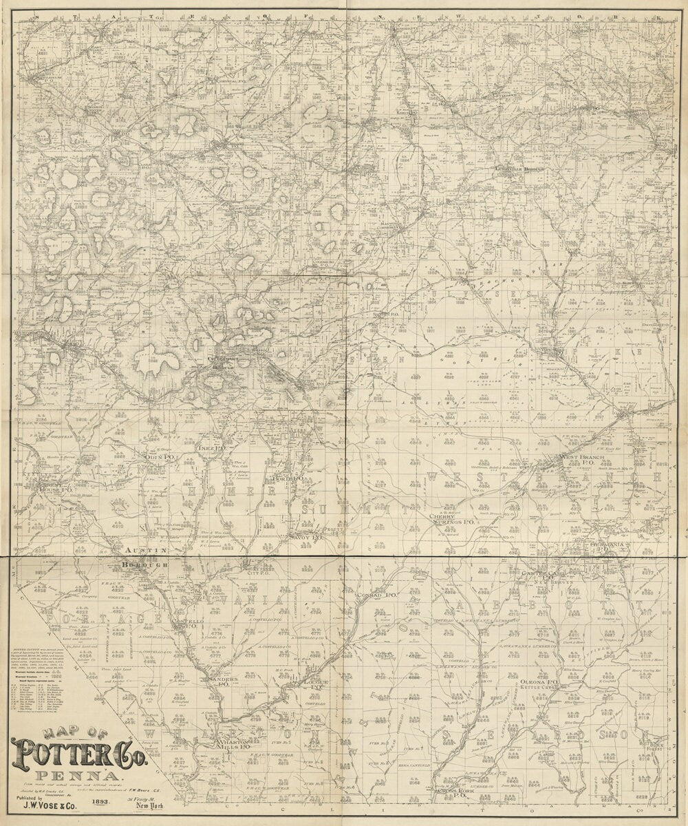 1893 Farm Line Map of Potter County Pa from actual surveys