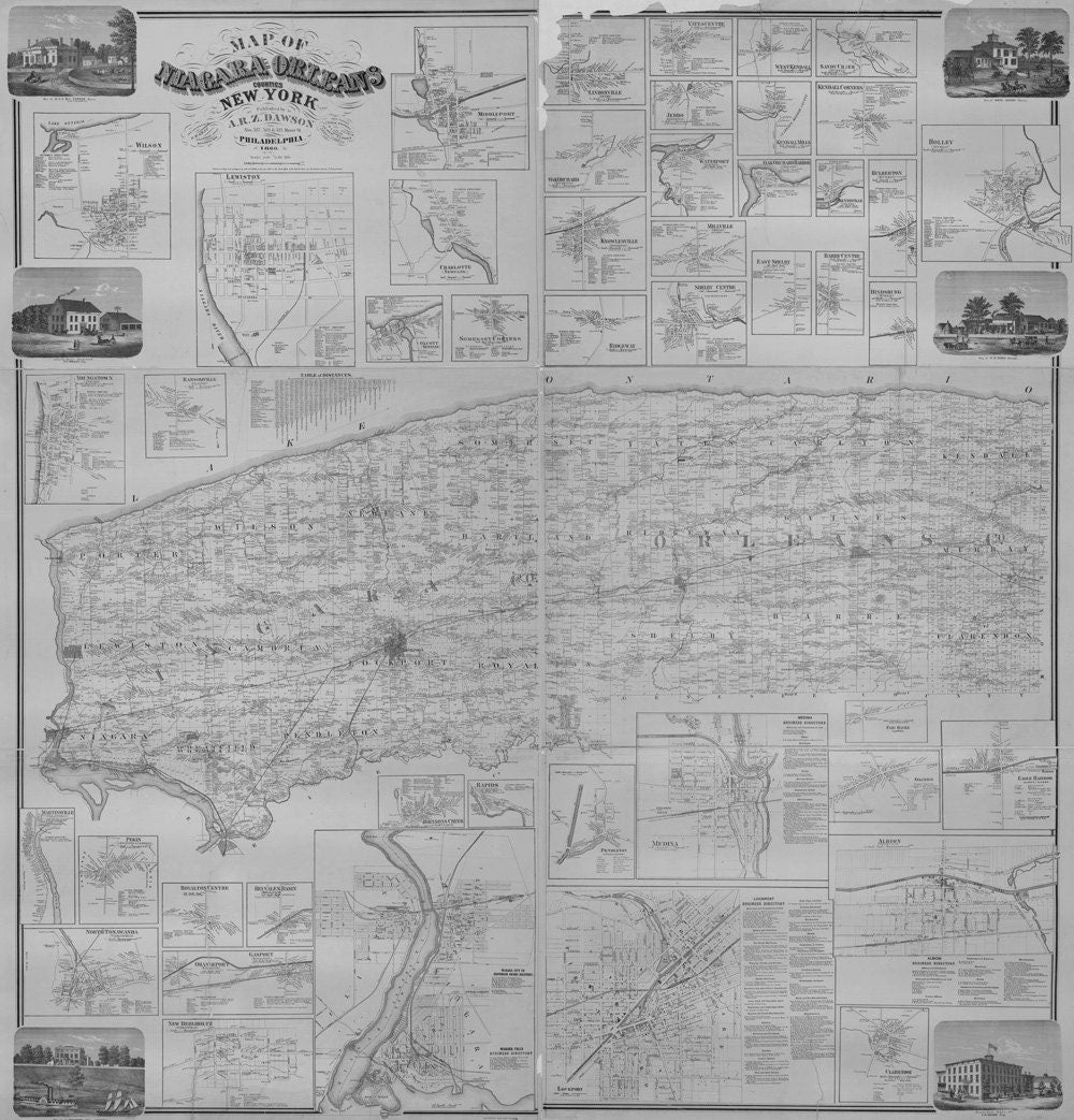 1860 Farm Line Map of Niagara & Orleans County NY Lockport