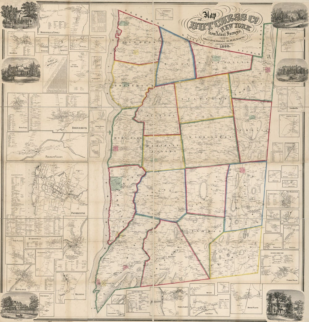 1858 Map of Dutchess County NY from actual surveys Poughkeepsie