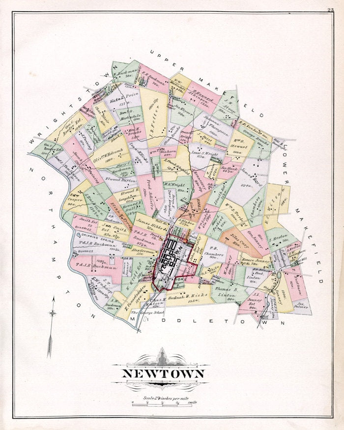 1891 Map of Newtown Township Bucks County Pennsylvania