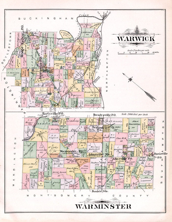 1891 Map of Warwick Warminster Township Bucks County Pennsylvania