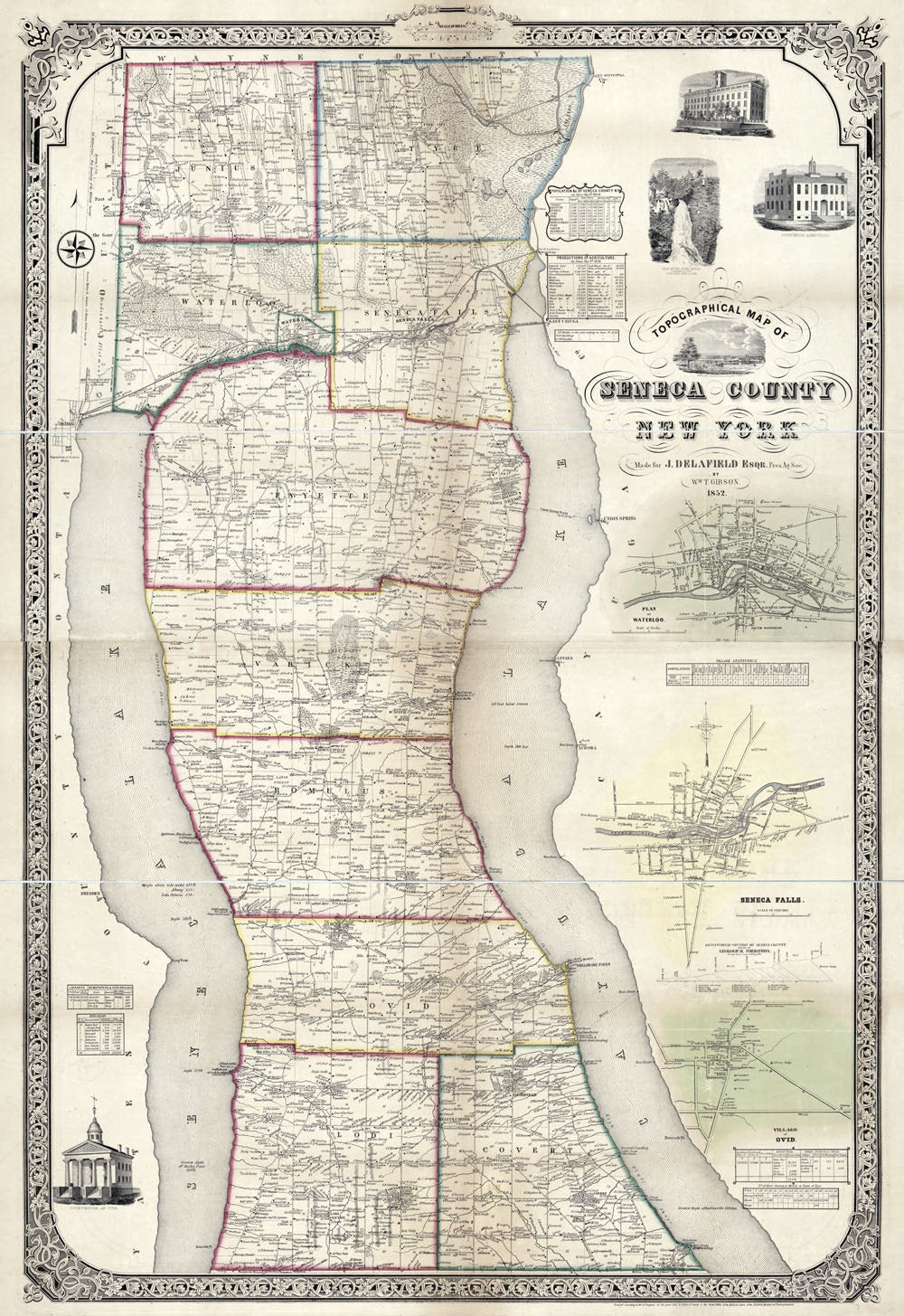 1852 Farm Line Map of Seneca County New York Waterloo Senecafalls
