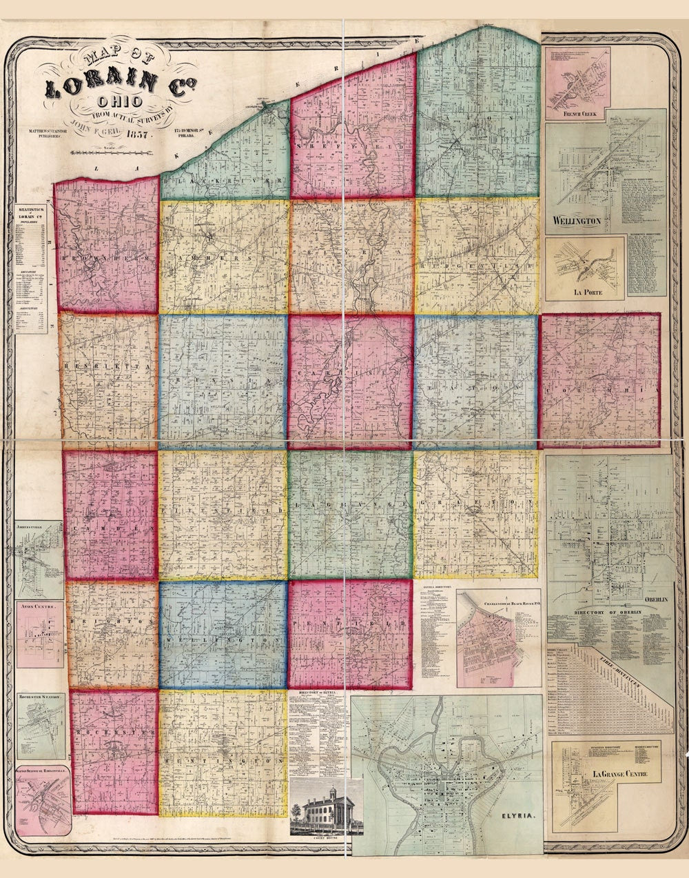 1857 Farm Line Map of Lorain County Ohio Elyria