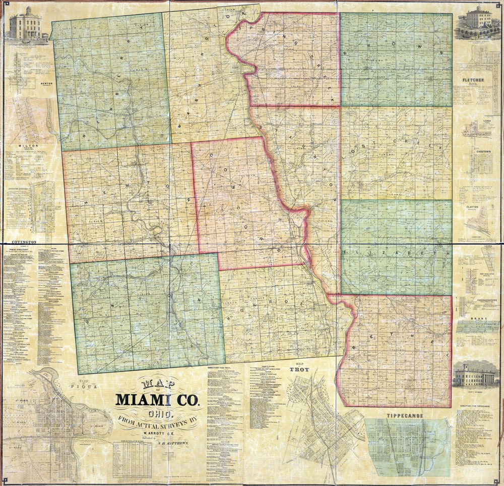 1858 Farm Line Map of Miami County Ohio Piqua Troy