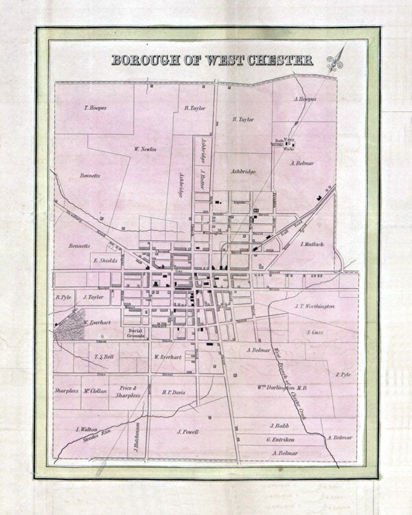 1847 Town Map of West Chester Pennsylvania
