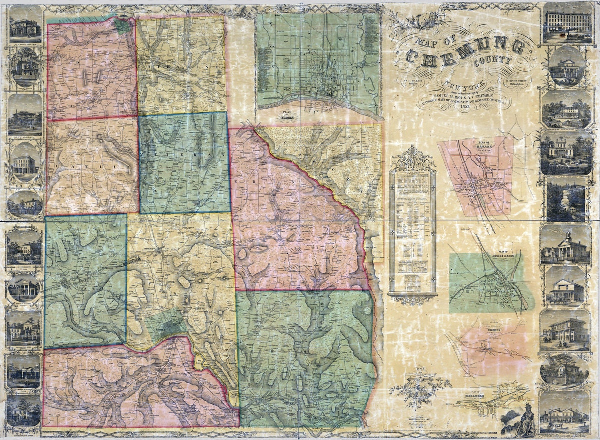 1853 Map of Chemung County NY from actual surveys Elmira
