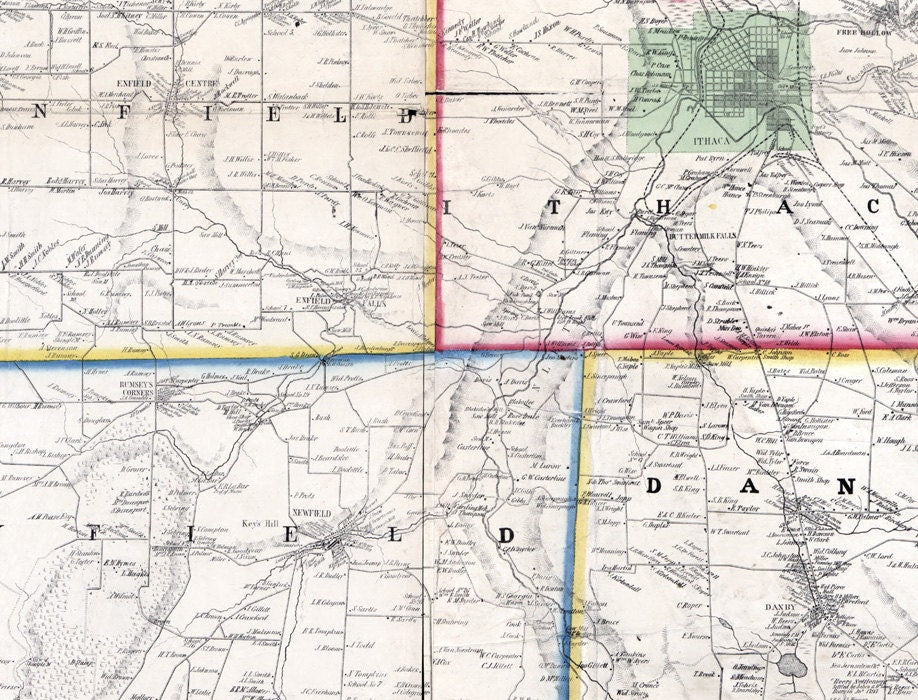 1853 Map of Tompkins County New York from actual surveys