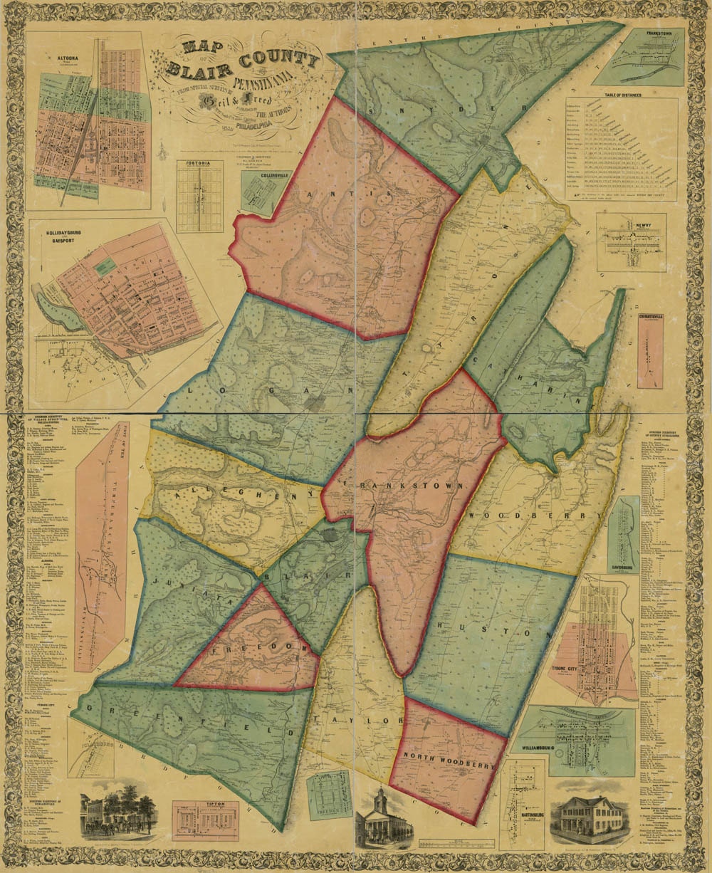 1859 Map of Blair County PA from special surveys Altoona Hollidaysburg Gaysport