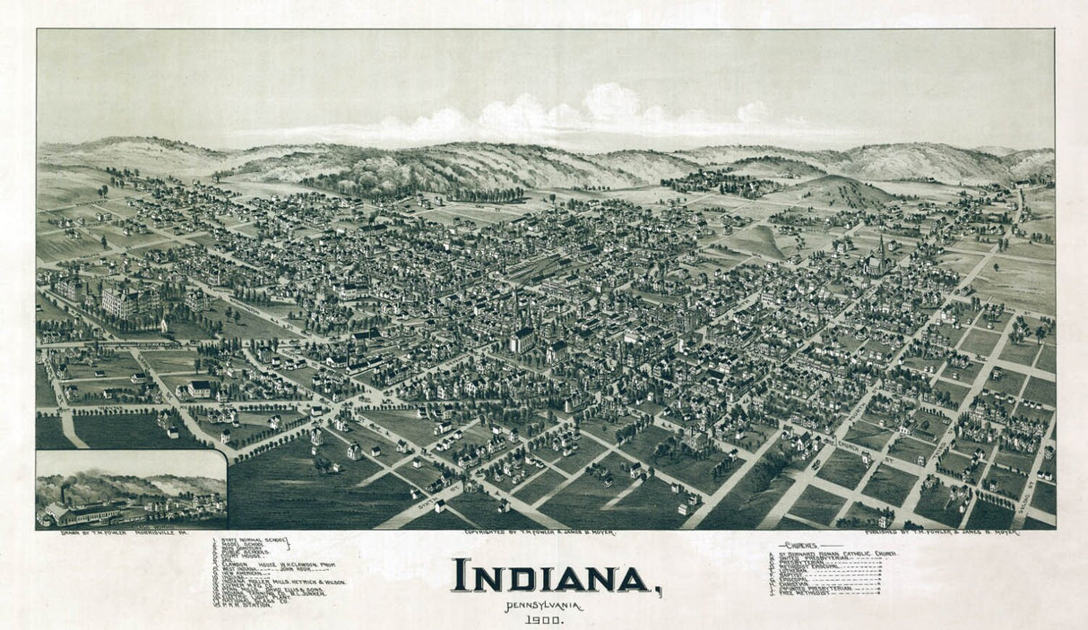 1900 Aerial Panoramic Map of Indiana Indiana County PA