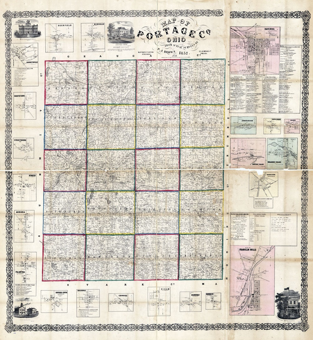 1857 Farm Line Map of Portage County Ohio Ravenna Franklin Mills