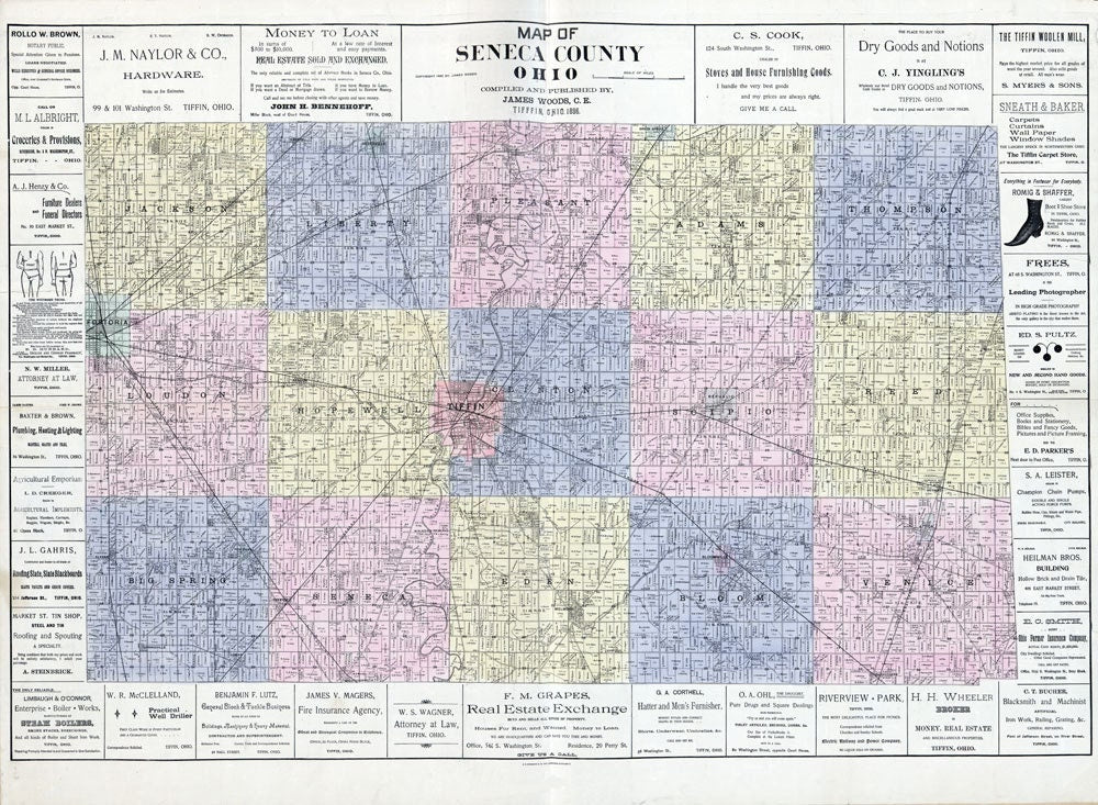 1896 Farm Line Map of Seneca County Ohio Tiffin