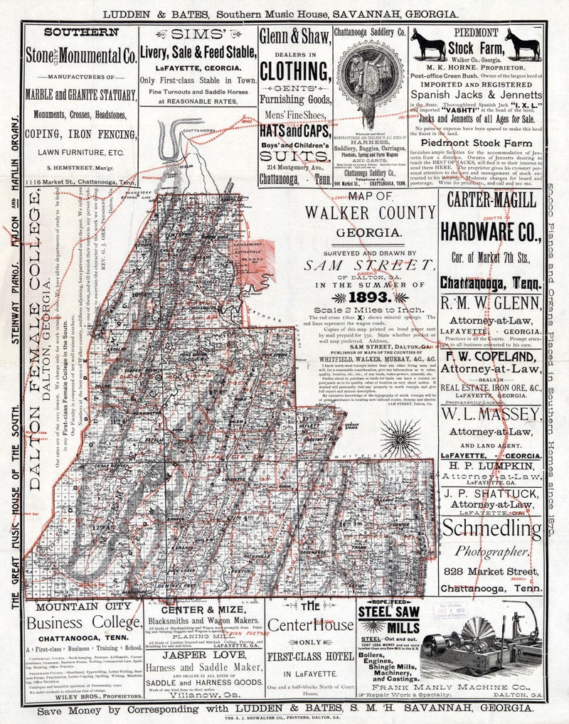 1893 Map of Walker County Georgia landowner reprint