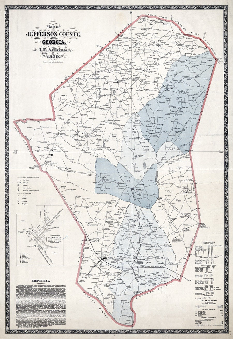 1879 Map of Jefferson County Georgia Louisville Reproduction