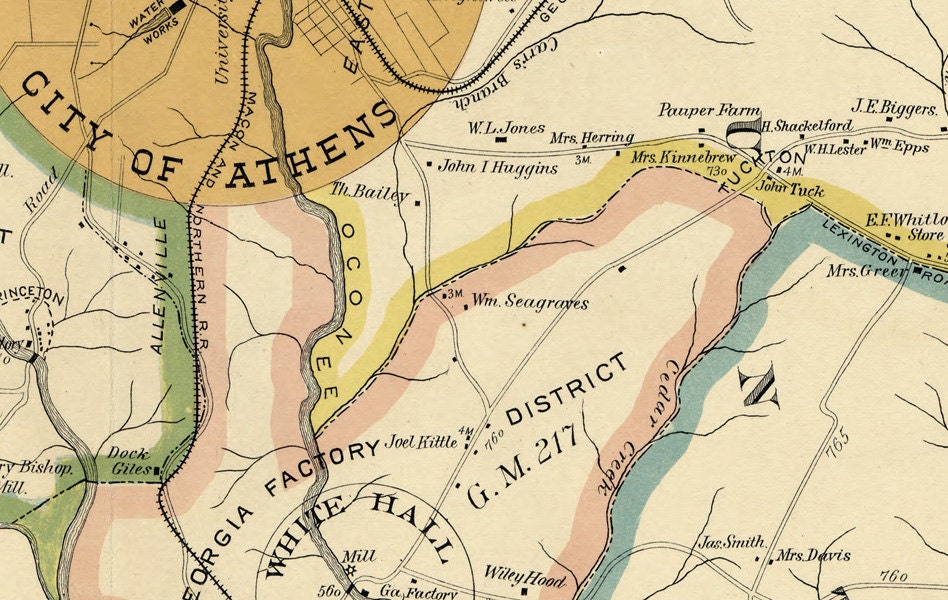 1898 Map of Clarke County Georgia Athens landowner reprint