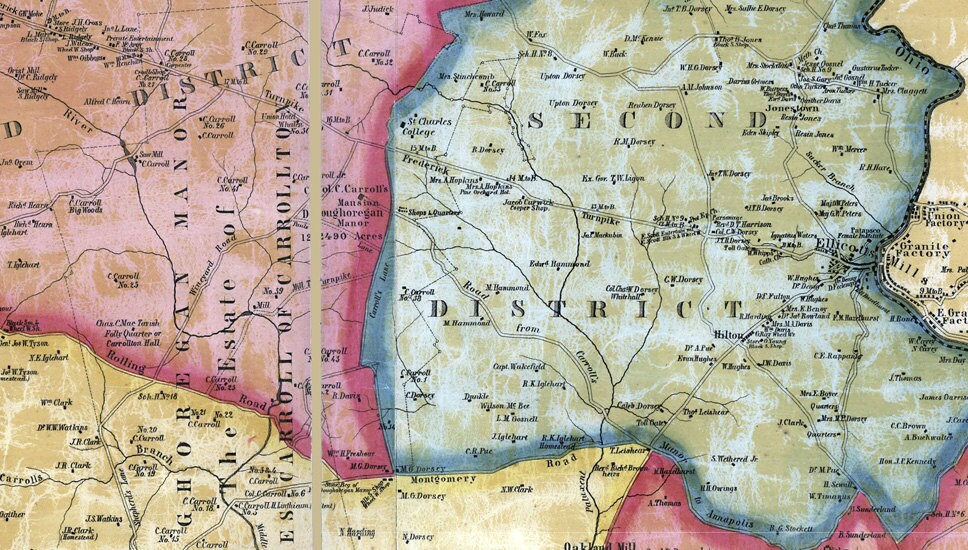 1860 Map of Howard County Maryland with Homeowner Names