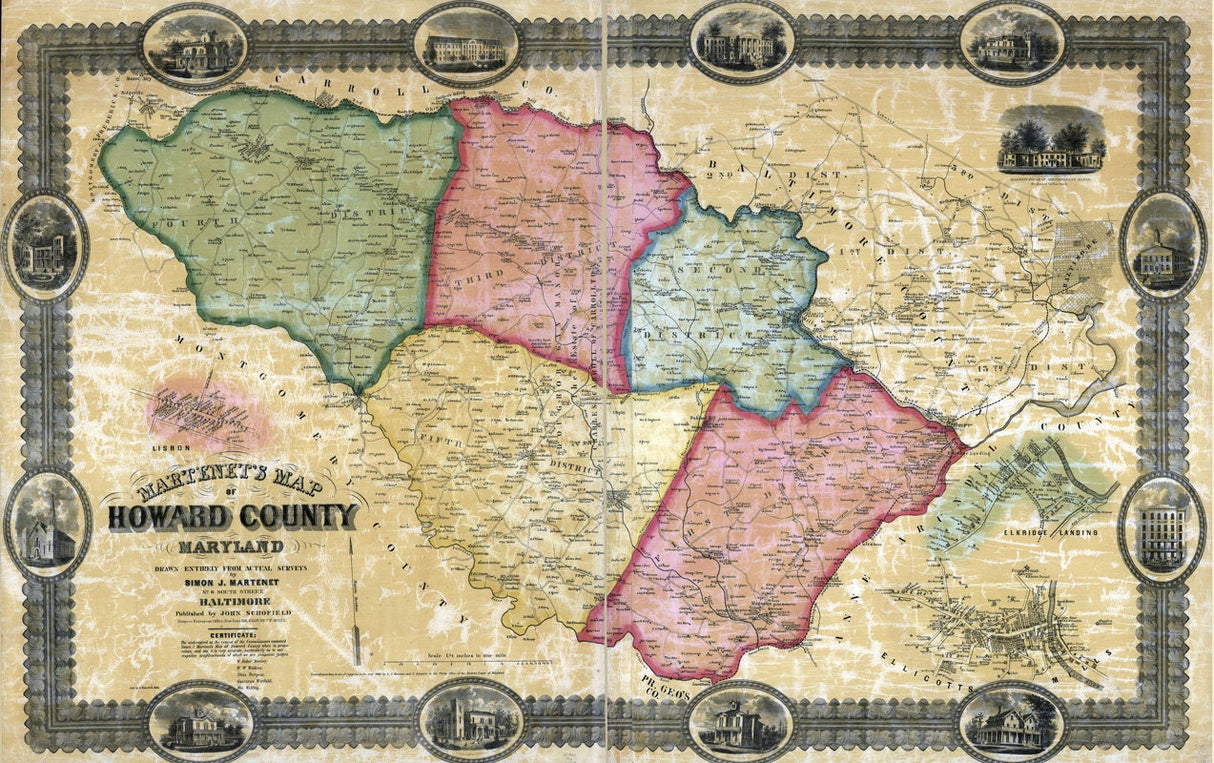 1860 Map of Howard County Maryland with Homeowner Names