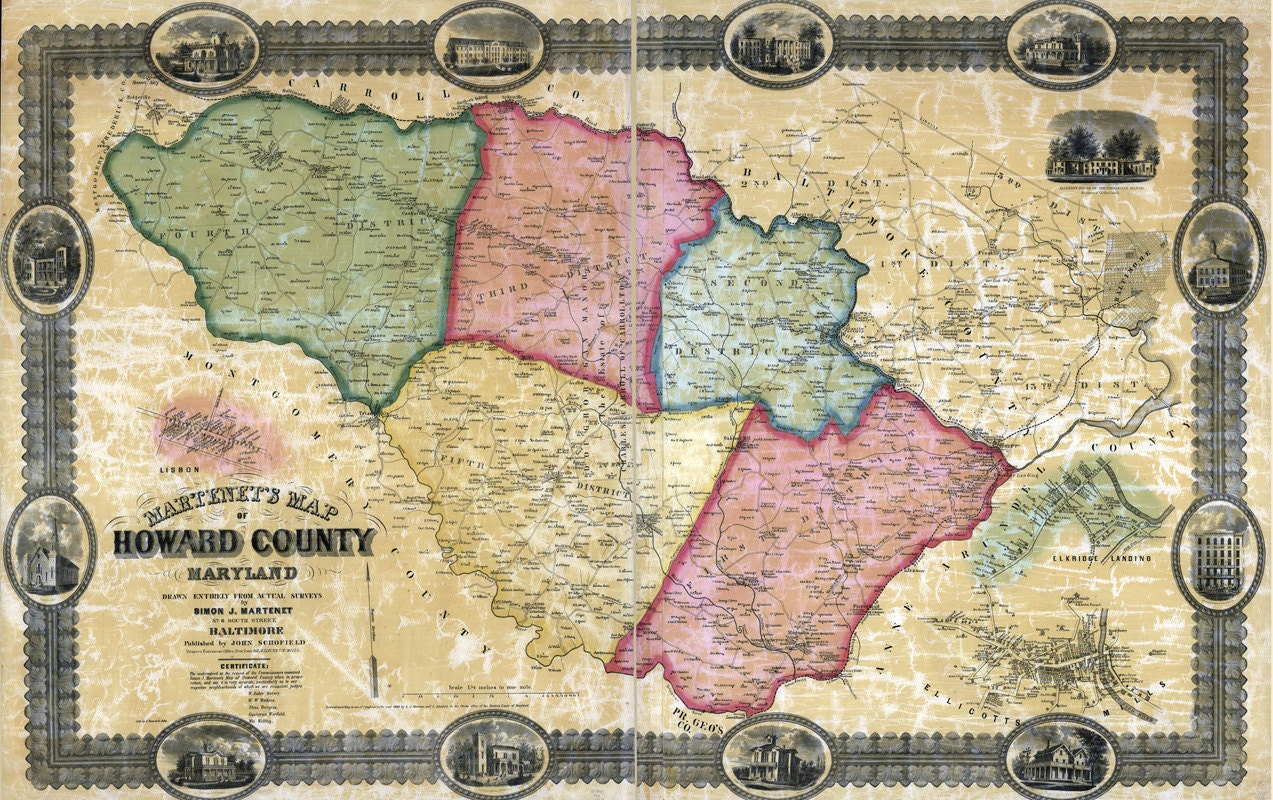 1860 Map of Howard County Maryland with Homeowner Names