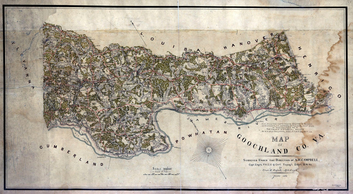 1863 Map of Goochland County Virginia Family Names Genealogy